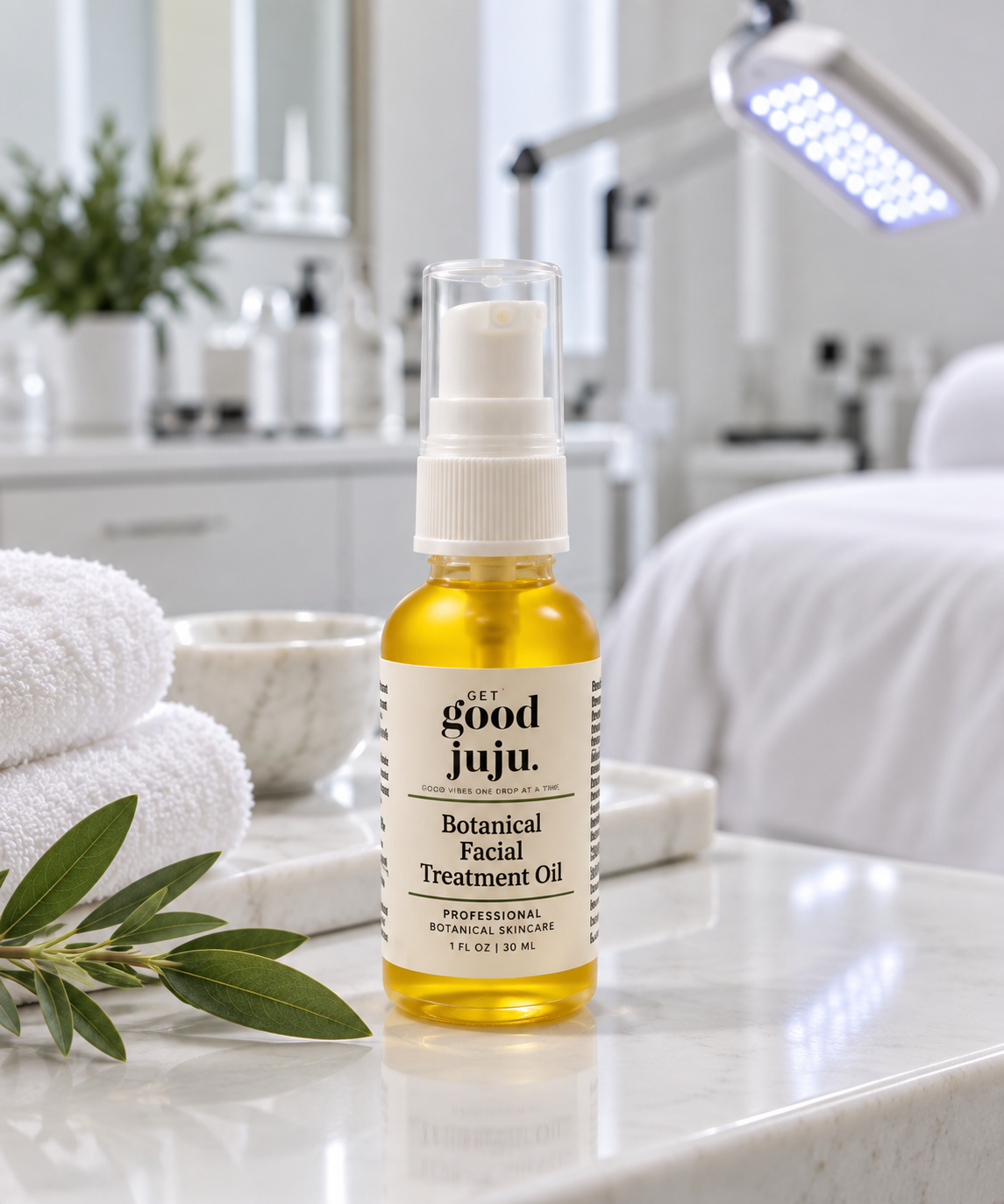 Botanical Facial Treatment Oil by Get Good Juju in a spa setting