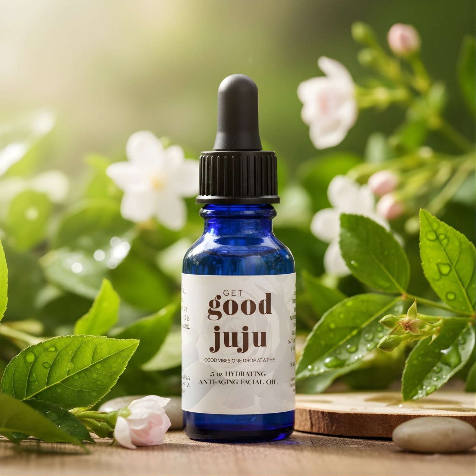 A cobalt blue glass dropper bottle labeled “Get Good Juju Hydrating Anti-Aging Facial Oil, 0.5 oz” displayed on a natural surface, surrounded by fresh green leaves with visible water droplets and soft white flowers, with a blurred green garden background.