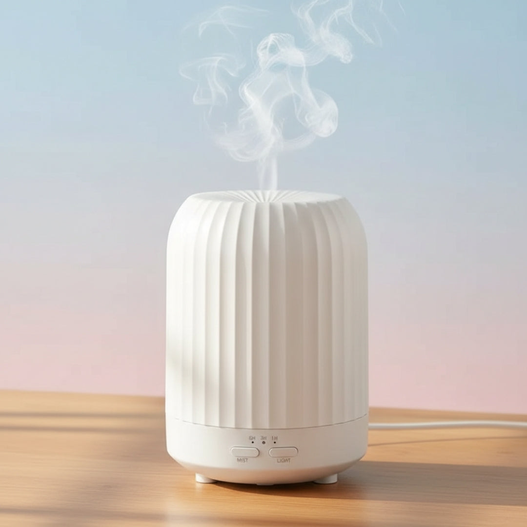 A white cylindrical essential oil diffuser with a ribbed exterior placed on a wooden surface, emitting a visible stream of mist from the top, with control buttons and a power cord visible at the base, set against a soft gradient background transitioning from light blue to pale pink.