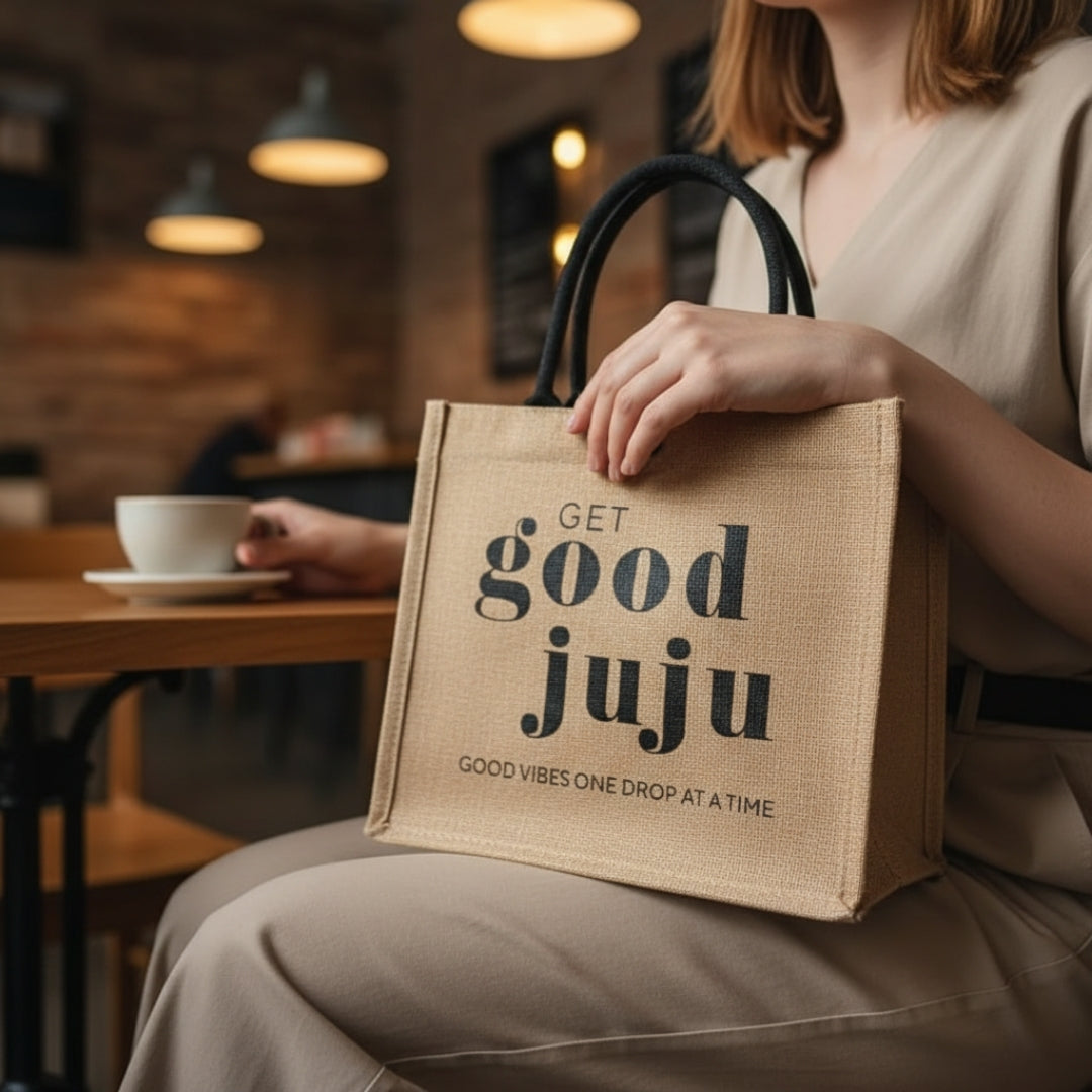 A person seated at a café table holding a natural jute tote bag with black handles, printed with the text “Get Good Juju” and “Good Vibes One Drop at a Time,” with a cup of coffee on the table and warm indoor lighting in the background.