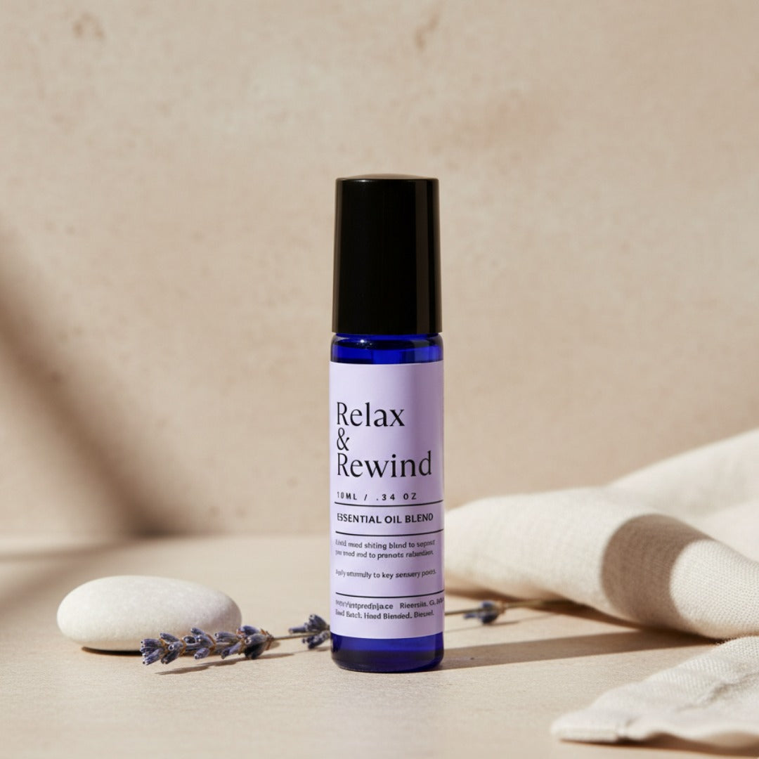 A cobalt blue glass roller bottle labeled “Relax & Rewind Essential Oil Blend, 10 ml” standing upright on a light neutral surface, accompanied by a smooth white stone, dried lavender sprigs, and folded beige fabric, set against a soft beige background.